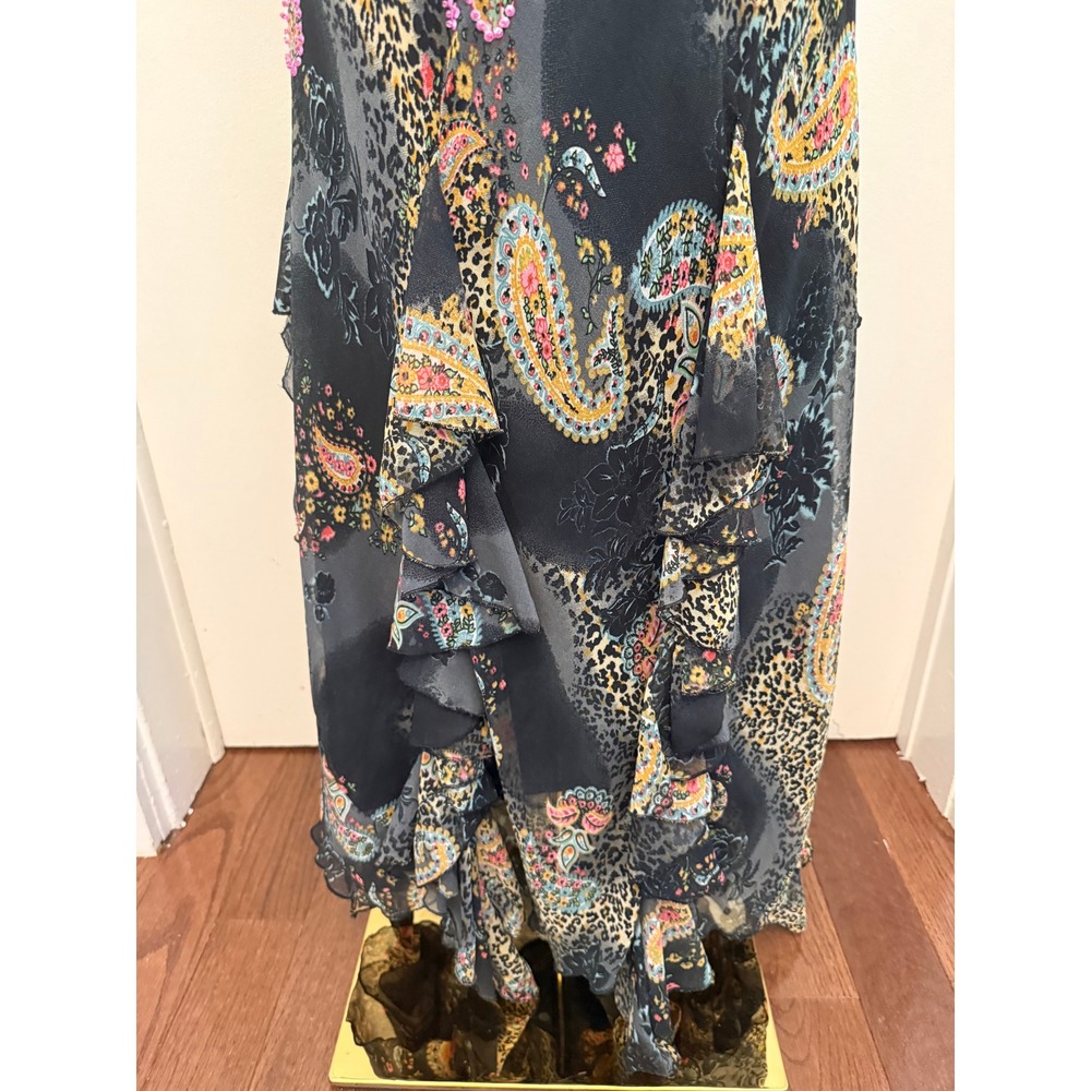 LP Oggi Stile Italiana Maxi Dress L Paisley Leopard Ruffle Chiffon Beaded Black - Picture 7 of 7